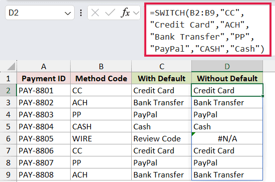 =SWITCH(B2:B9,"CC","Credit Card","ACH","Bank Transfer","PP","PayPal","CASH","Cash") in D2