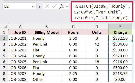 =SWITCH(B2:B9,"Hourly",C2:C9*95,"Per Unit",D2:D9*12,"Flat",500,0) in E2