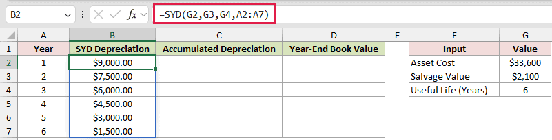 =SYD(G2,G3,G4,A2:A7) in B2