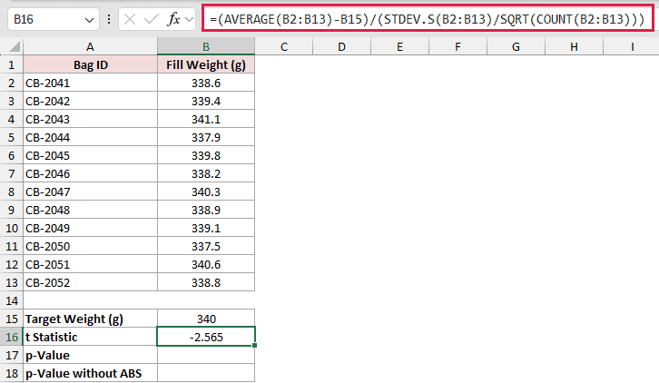 =(AVERAGE(B2:B13)-B15)/(STDEV.S(B2:B13)/SQRT(COUNT(B2:B13))) in B16