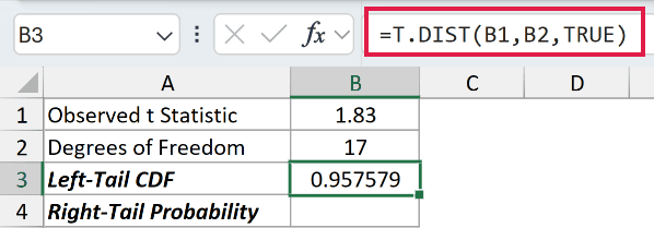 =T.DIST(B1,B2,TRUE) in B3