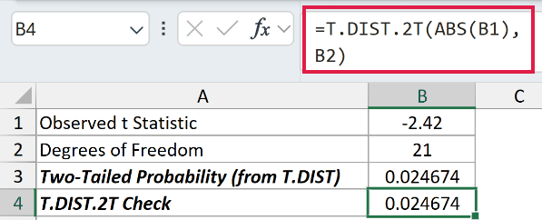 =T.DIST.2T(ABS(B1),B2) in B4