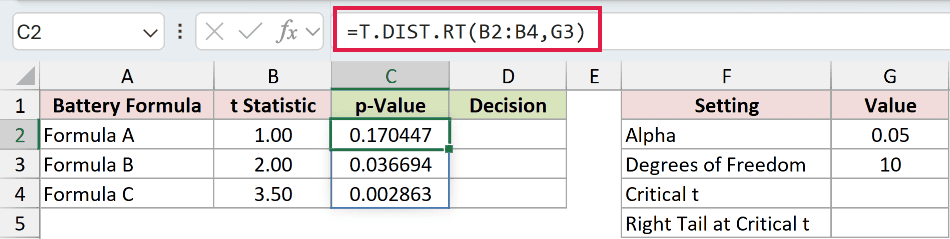 =T.DIST.RT(B2:B4,G3) in C2