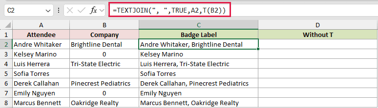 =TEXTJOIN(", ",TRUE,A2,T(B2)) in C2