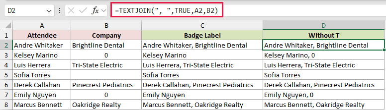 =TEXTJOIN(", ",TRUE,A2,B2) in D2