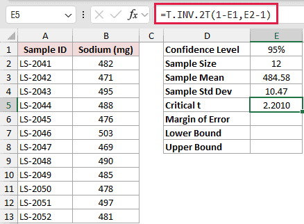 =T.INV.2T(1-E1,E2-1) in E5