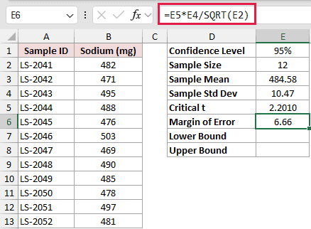 =E5*E4/SQRT(E2) in E6