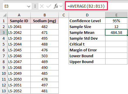 =AVERAGE(B2:B13) in E3