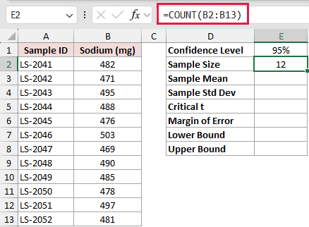 =COUNT(B2:B13) in E2
