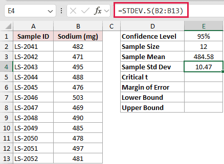 =STDEV.S(B2:B13) in E4