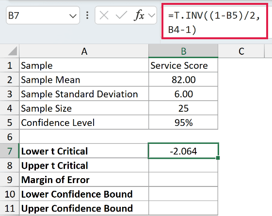 =T.INV((1-B5)/2,B4-1) in B7