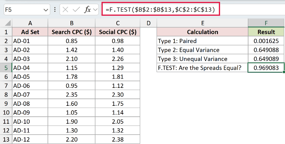 =F.TEST($B$2:$B$13,$C$2:$C$13) in F5