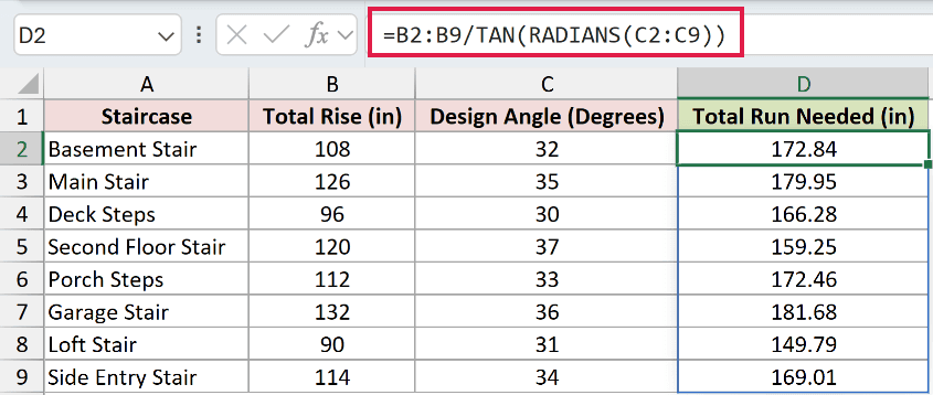 =B2:B9/TAN(RADIANS(C2:C9)) in D2