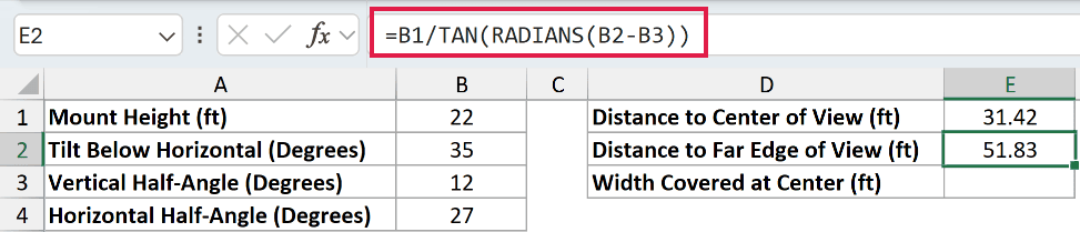 =B1/TAN(RADIANS(B2-B3)) in E2