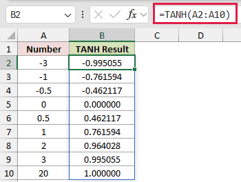 =TANH(A2:A10) in B2