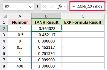 =TANH(A2:A8) in B2