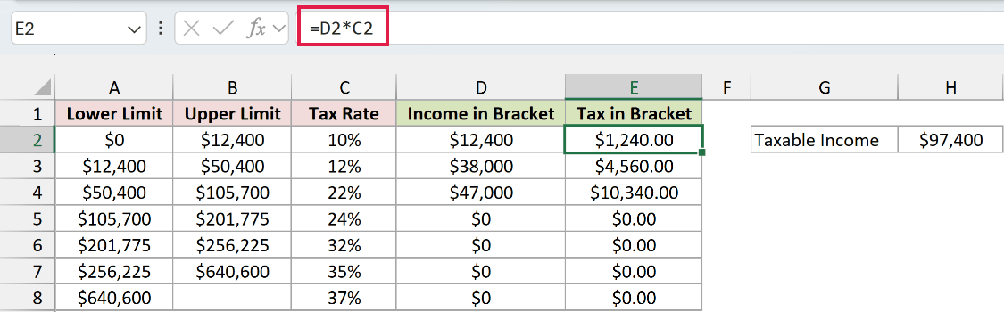 Formula multiplying each bracket's income by its tax rate
