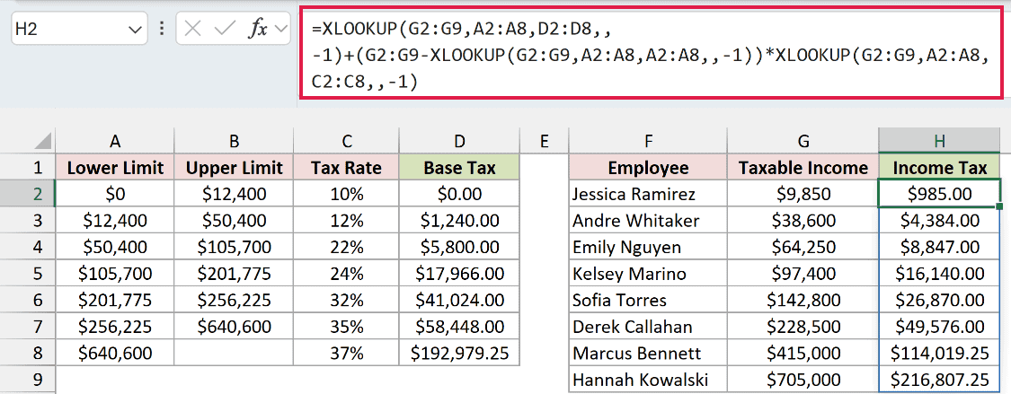 XLOOKUP formula spilling the income tax for all eight employees