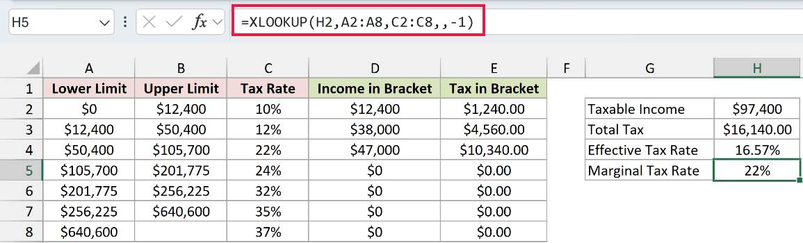 XLOOKUP formula returning a marginal tax rate of 22%
