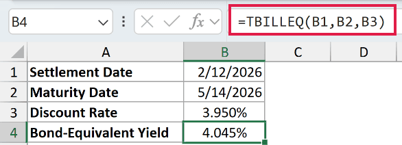 =TBILLEQ(B1,B2,B3) in B4