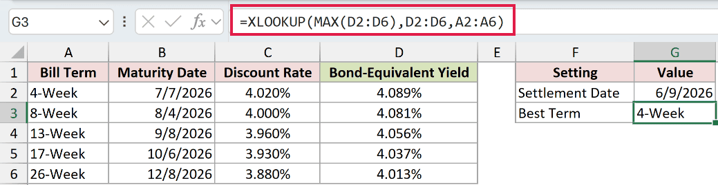 =XLOOKUP(MAX(D2:D6),D2:D6,A2:A6) in G3