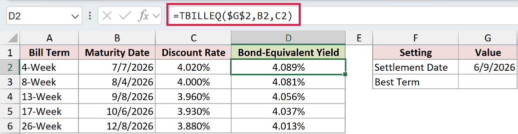 =TBILLEQ($G$2,B2,C2) in D2