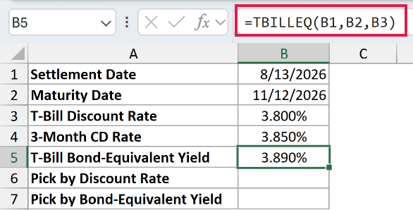 =TBILLEQ(B1,B2,B3) in B5