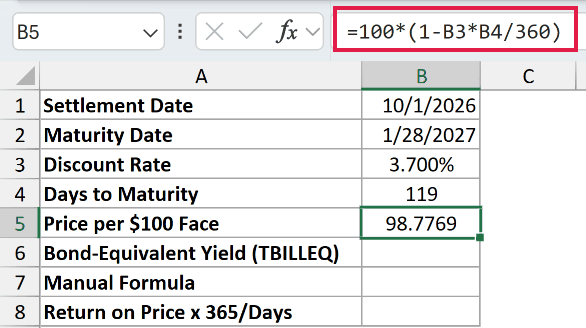 =100*(1-B3*B4/360) in B5