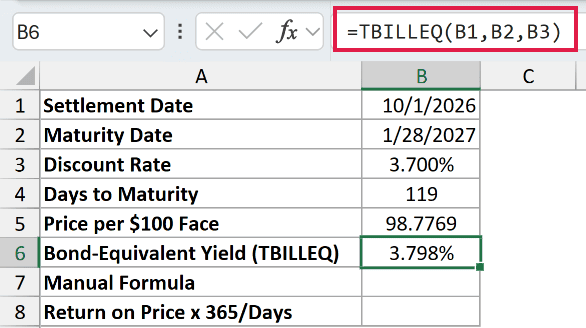 =TBILLEQ(B1,B2,B3) in B6
