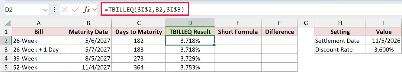 =TBILLEQ($I$2,B2,$I$3) in D2