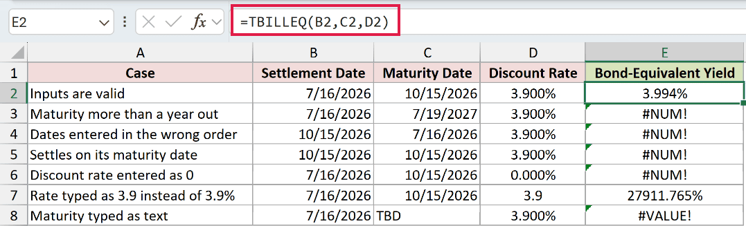=TBILLEQ(B2,C2,D2) in E2