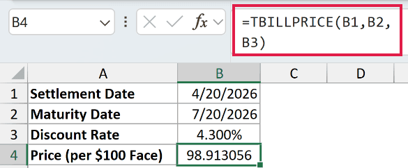 =TBILLPRICE(B1,B2,B3) in B4