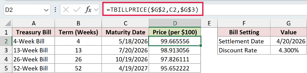 =TBILLPRICE($G$2,C2,$G$3) in D2