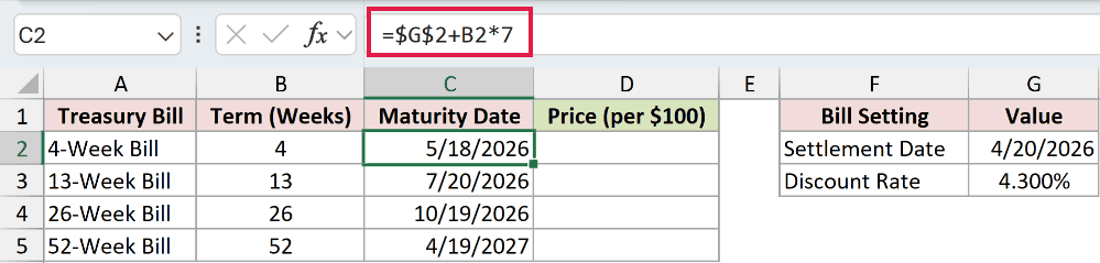 =$G$2+B2*7 in C2
