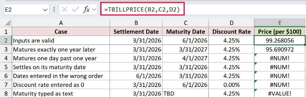 =TBILLPRICE(B2,C2,D2) in E2