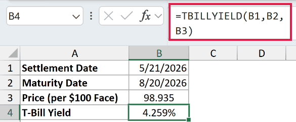 =TBILLYIELD(B1,B2,B3) in B4