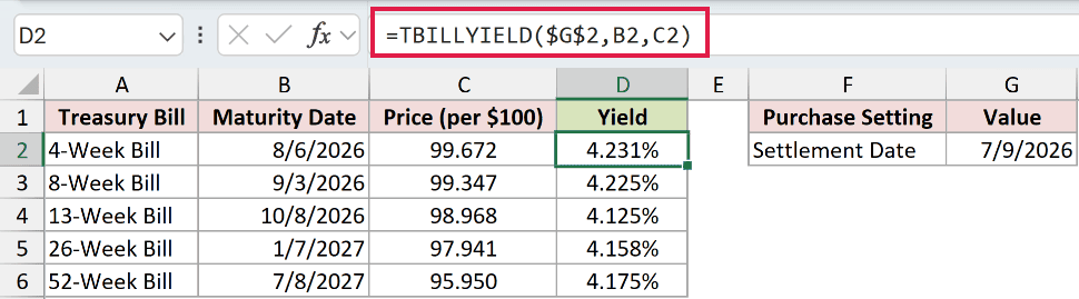 =TBILLYIELD($G$2,B2,C2) in D2