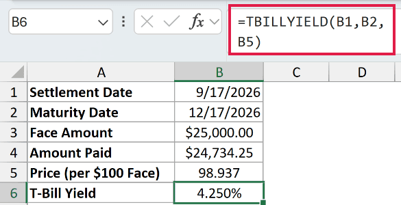 =TBILLYIELD(B1,B2,B5) in B6