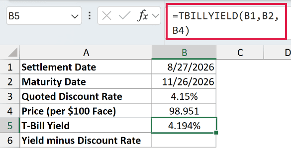 =TBILLYIELD(B1,B2,B4) in B5
