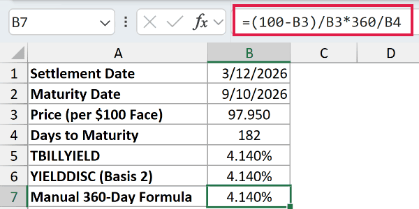 =(100-B3)/B3*360/B4 in B7