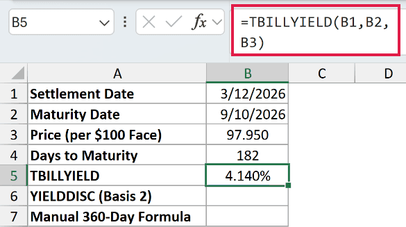 =TBILLYIELD(B1,B2,B3) in B5