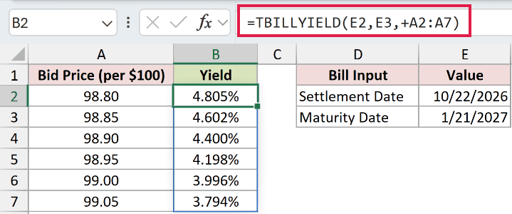 =TBILLYIELD(E2,E3,+A2:A7) in B2