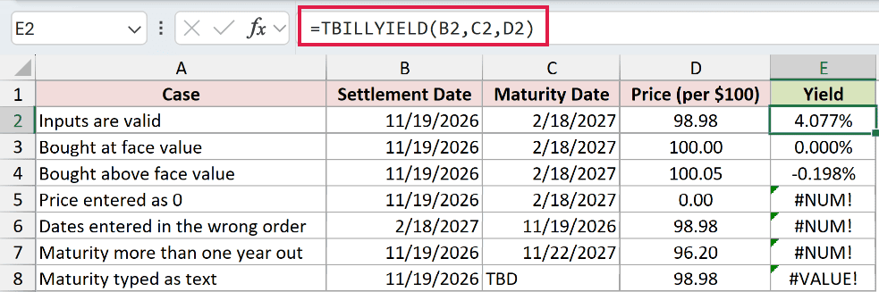 =TBILLYIELD(B2,C2,D2) in E2