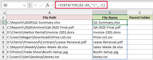 =TEXTAFTER(A2:A9,"\",-1) in B2