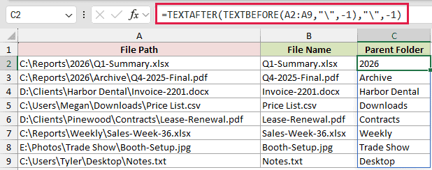 =TEXTAFTER(TEXTBEFORE(A2:A9,"\",-1),"\",-1) in C2
