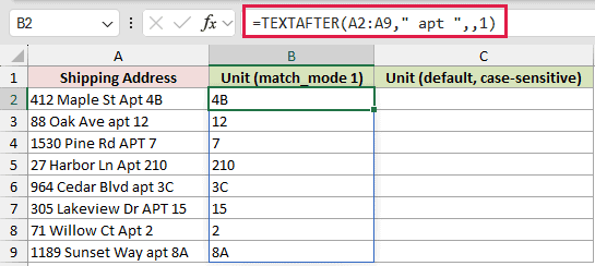 =TEXTAFTER(A2:A9," apt ",,1) in B2
