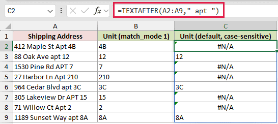 =TEXTAFTER(A2:A9," apt ") in C2