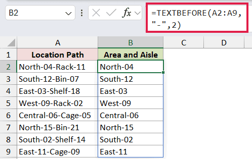 =TEXTBEFORE(A2:A9,"-",2) in B2
