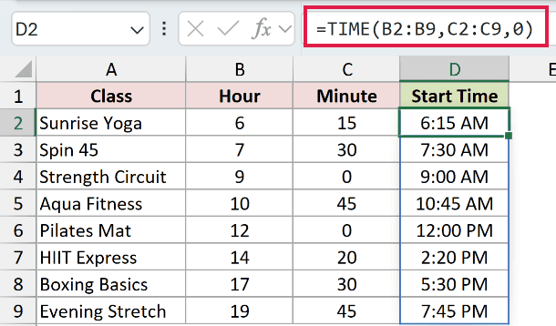 =TIME(B2:B9,C2:C9,0) in D2