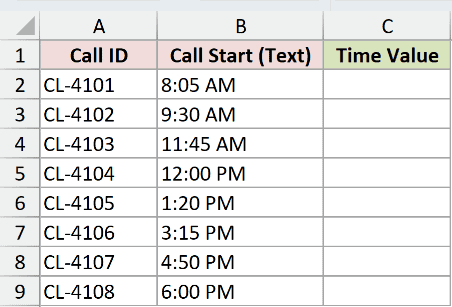 Dataset for TIMEVALUE example 1